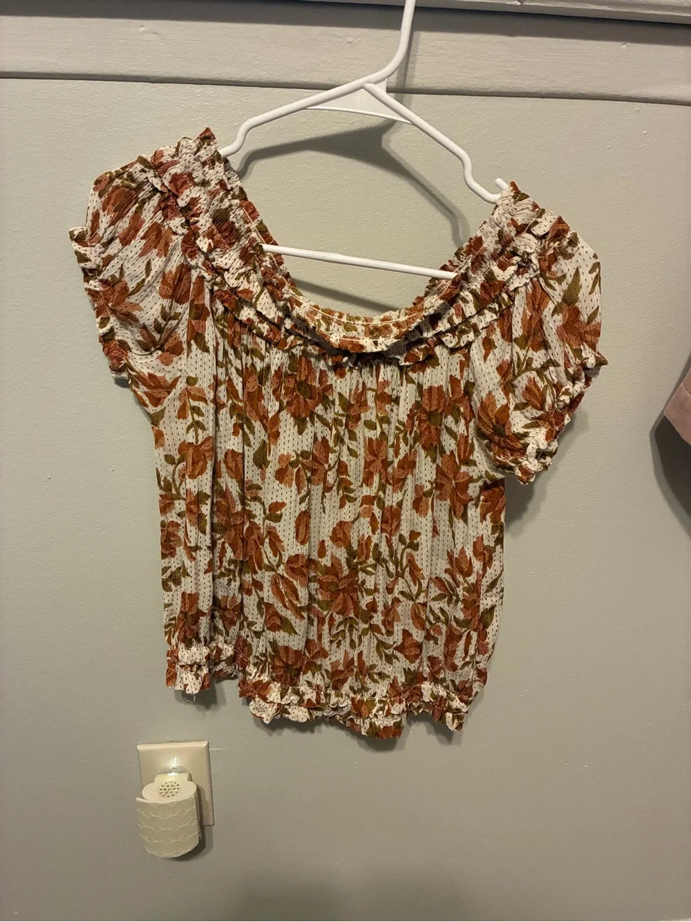 Free People Cream Floral Smocked Ruffle Off-Shoulder Top